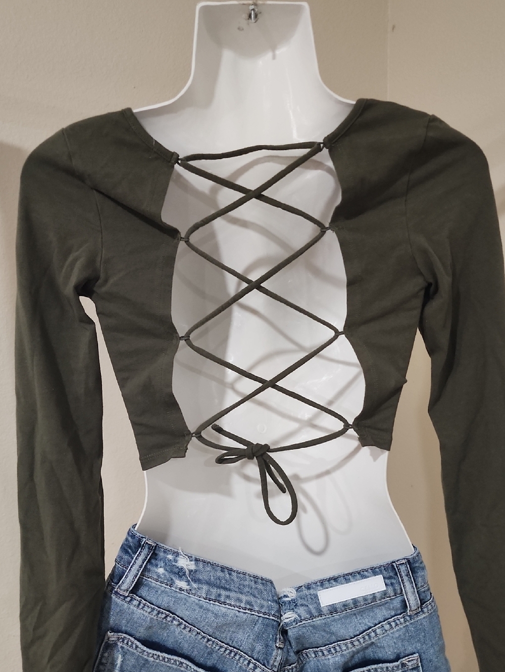 Garage Dark Green Long Sleeve Crop Top